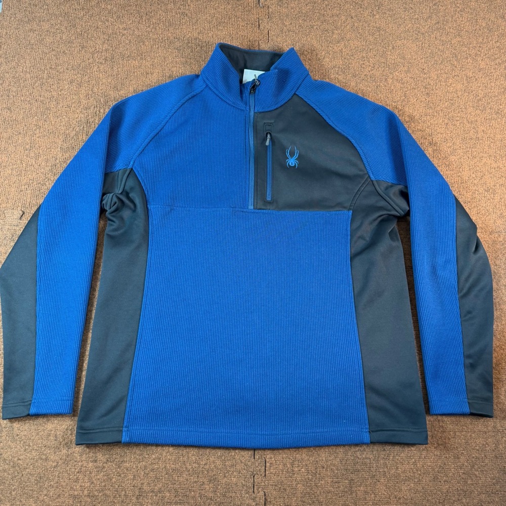 A+ Spyder Mens XL Blue Black Grid Fleece 1/4 Zip Pullover Activewear Jacket 2199